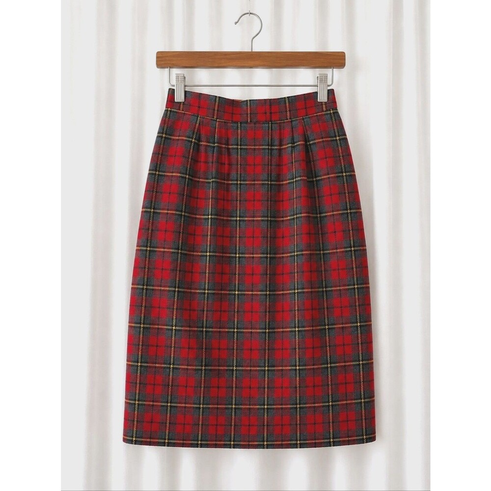 Panther Vintage Red Tartan Plaid Wool Blend Lined Heritage Chic Pencil Skirt